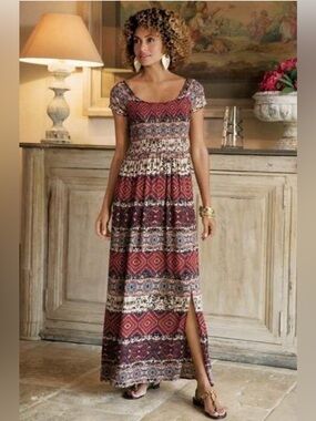 Soft Surroundings Marcelo Long Maxi Dress Bohemian Size M Smocked Stretch Slits